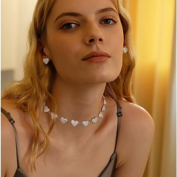 Silver Plated Heart Choker Necklaces For Women Rhinestone Heart Charm Necklaces - Picture 3 of 6